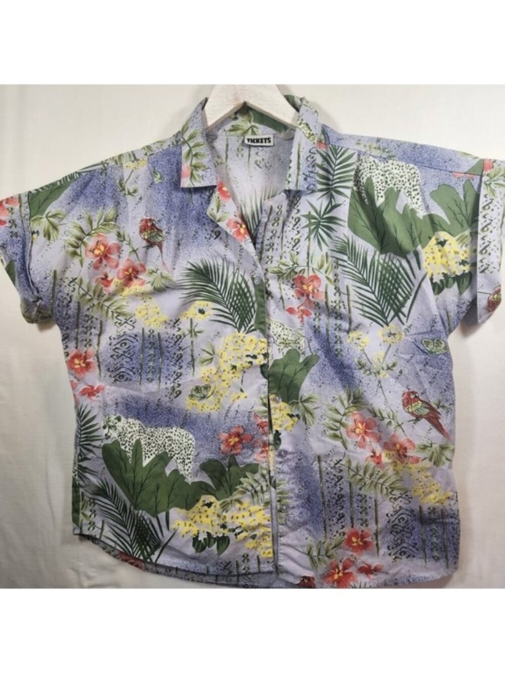 Vintage Tickets Tropical Safari Print Button‎ Down Shirt Purple Short Sleeve XL